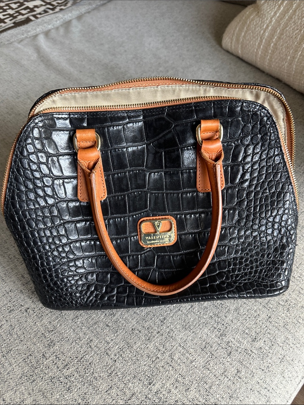 Valentina Black Croc-Embossed Satchel with Brown Handles